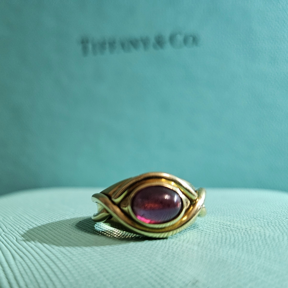 🥰SALE! Tiffany & Co. 18k YG Signature X Cabochon Rubellite Ring Sz 5 RETIRED
